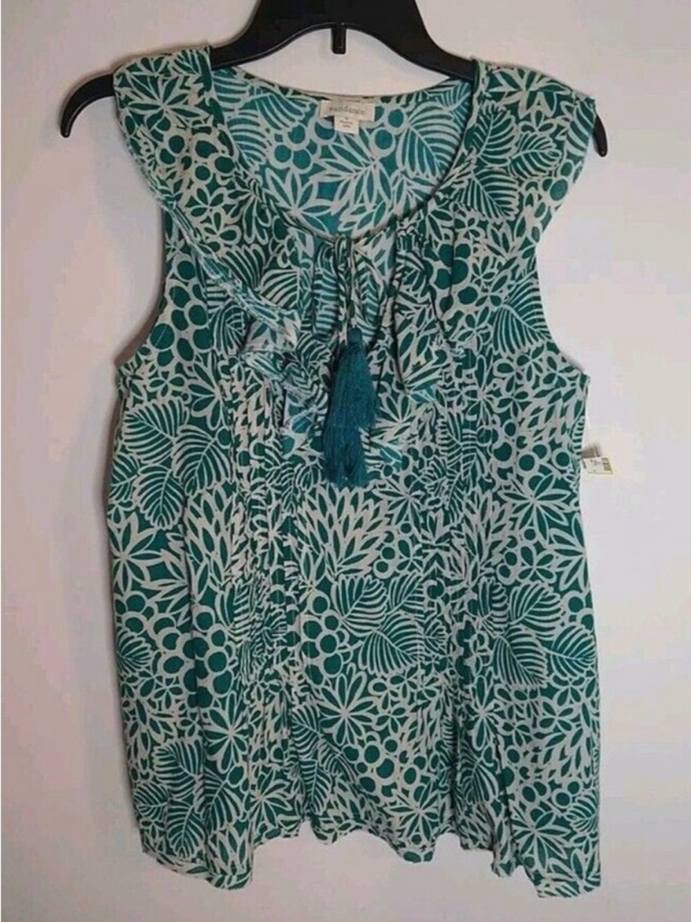 SUNDANCE Print Gauzy Cotton Tassel Tie Ruffle Neck Swing Top MD Boho Cottagecore